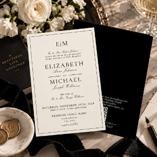 QR Code Ivory Black Classic Monogram Wedding Invitation