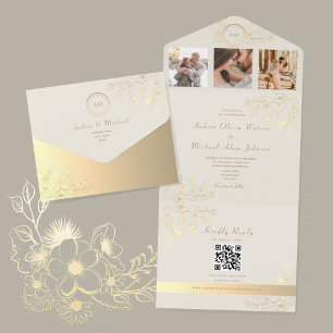 QR Code Ivory Gold Floral Wedding All In One Invitation