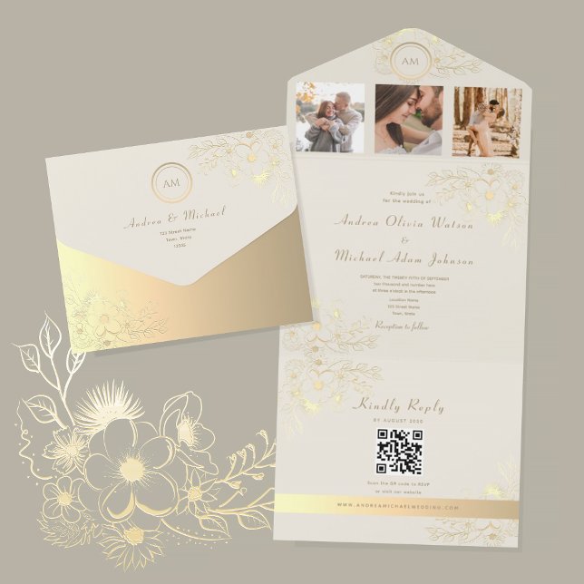 QR Code Ivory Gold Floral Wedding All In One Invitation (Creator Uploaded)