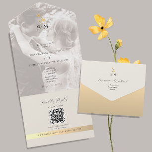 QR Code Ivory Gold Photo Wedding All In One Invitation