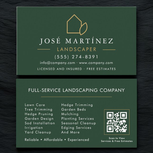 QR Code Landscaper Lawn Care Green Gold Business Card (Creator Uploaded)