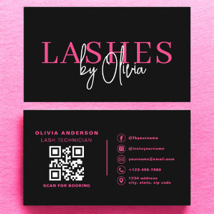 QR Code Lashes Technician Hot Pink Black Business Card