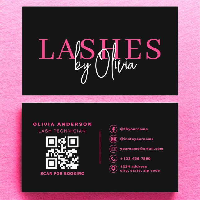 QR Code Lashes Technician Hot Pink Black Business Card (Creator Uploaded)