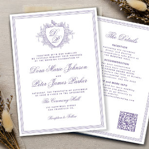 QR code lavender crest monogram wedding Invitation