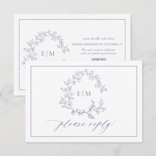 QR Code Lavender Leafy Crest Monogram Wedding RSVP Card (Front/Back)