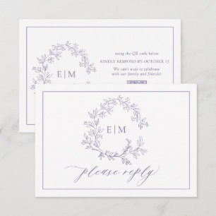 QR Code Lavender Leafy Crest Monogram Wedding RSVP Card