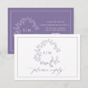 QR Code Lavender Leafy Crest Monogram Wedding RSVP Card