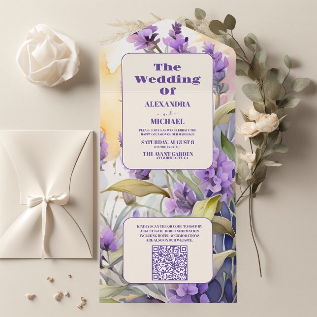 QR Code Lavender Purple Floral Elegant Wedding All In One Invitation (Creator Uploaded)