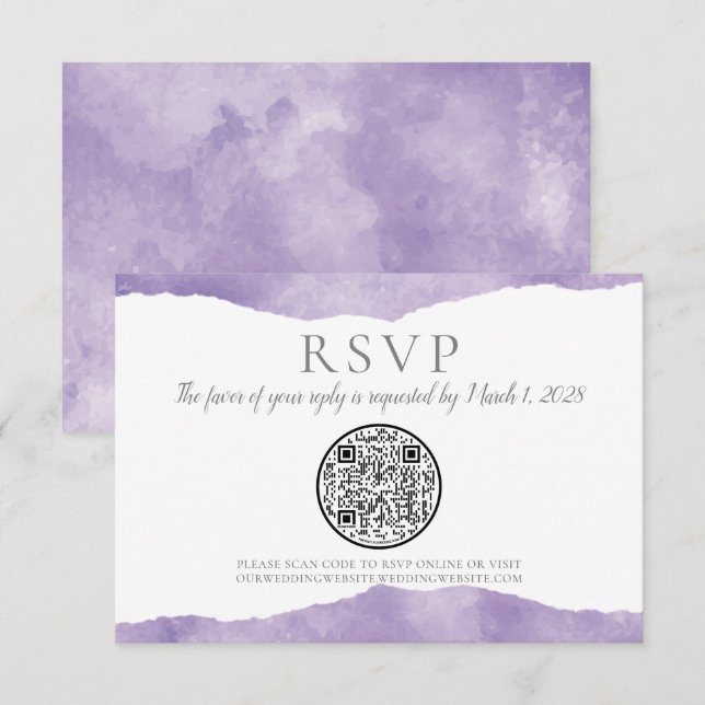 QR Code Lavender Watercolor Wedding RSVP Card (Front/Back)