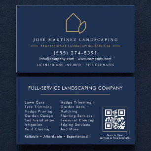 QR Code Lawn Service Landscaper Navy Blue Gold Business Card