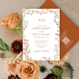 QR Code Leaf Burnt Orange Elegant Monogram Wedding Invitation