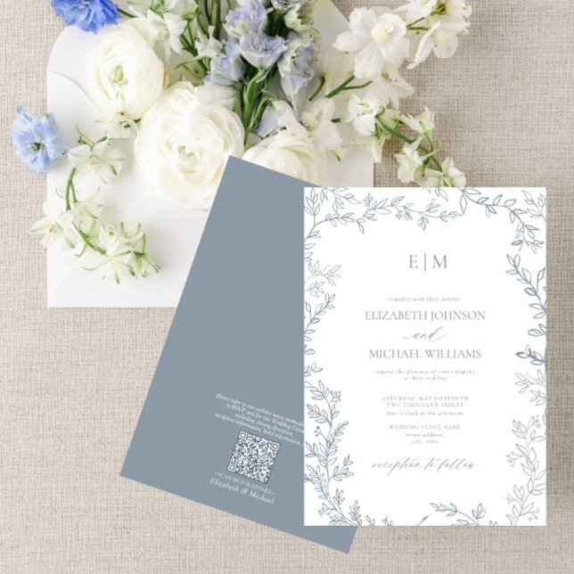 QR Code Leaf Dusty Blue Elegant Monogram Wedding Invitation (Creator Uploaded)