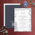 QR Code Leaf Navy Blue Elegant Monogram Wedding Invitation<br><div class="desc">Say “I do” to your perfect dream wedding Invitation! Introducing the QR code Navy Blue minimal leaf monogram wedding Invitation--an online exclusive and one of our most treasured designs. This modern take on classic elegance is sure to make a statement your guests won't soon forget. The invitation features an intricate...</div>