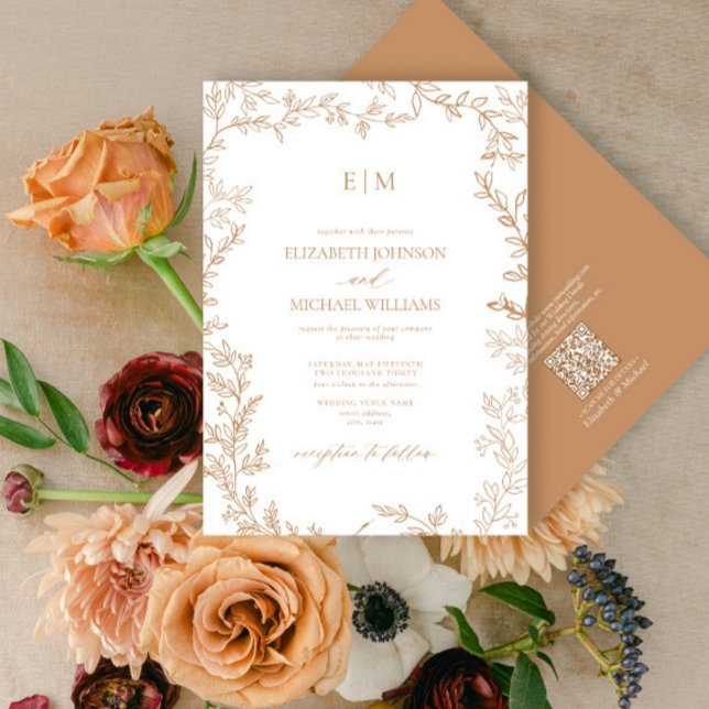 QR Code Leaf Terracotta Elegant Monogram Wedding Invitation (Creator Uploaded)