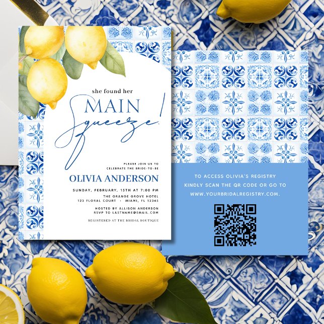 QR Code Lemon Main Squeeze Bridal Shower Invitatio Invitation (Creator Uploaded)