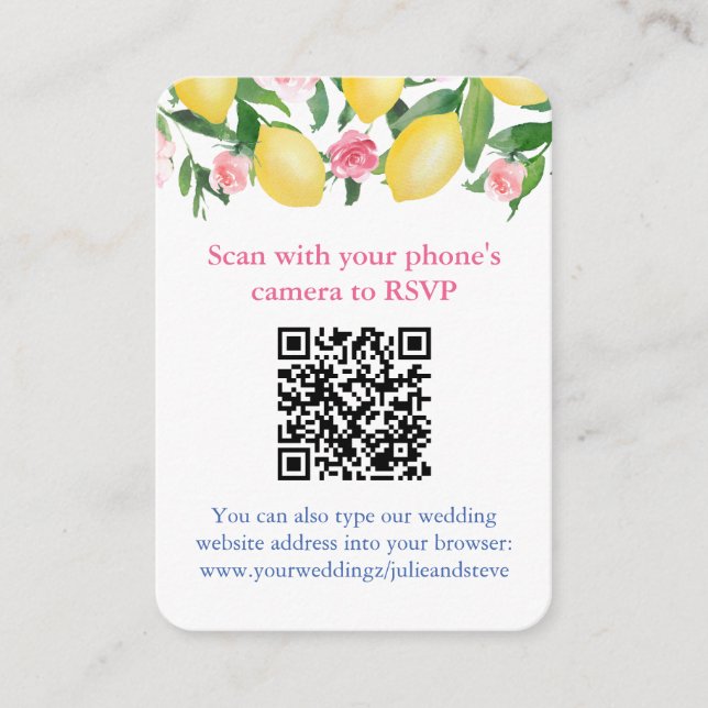 QR Code Lemons Pink Wedding Online RSVP Enclosure Card (Front)