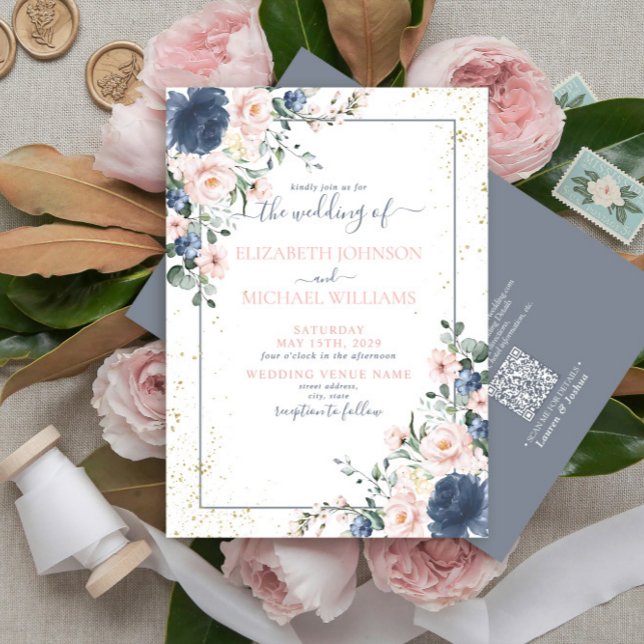 QR Code Light Dusty Blue Blush Pink Gold Floral Invitation (Creator Uploaded)