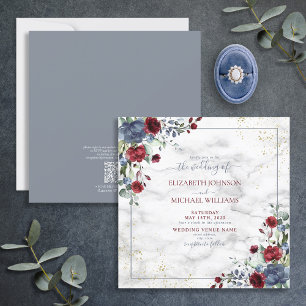 QR Code Light Dusty Blue Burgundy Gold Floral Invitation