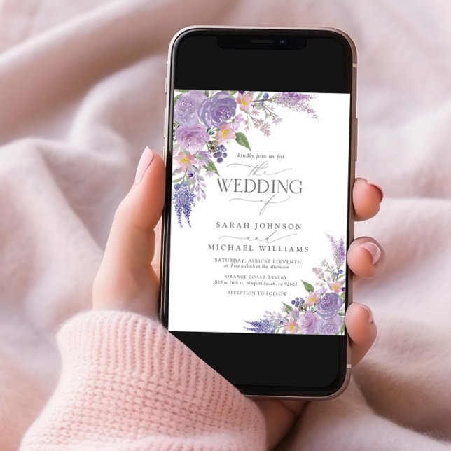 QR Code Lilac Lavender Mauve Script Floral Wedding Invitation (Creator Uploaded)