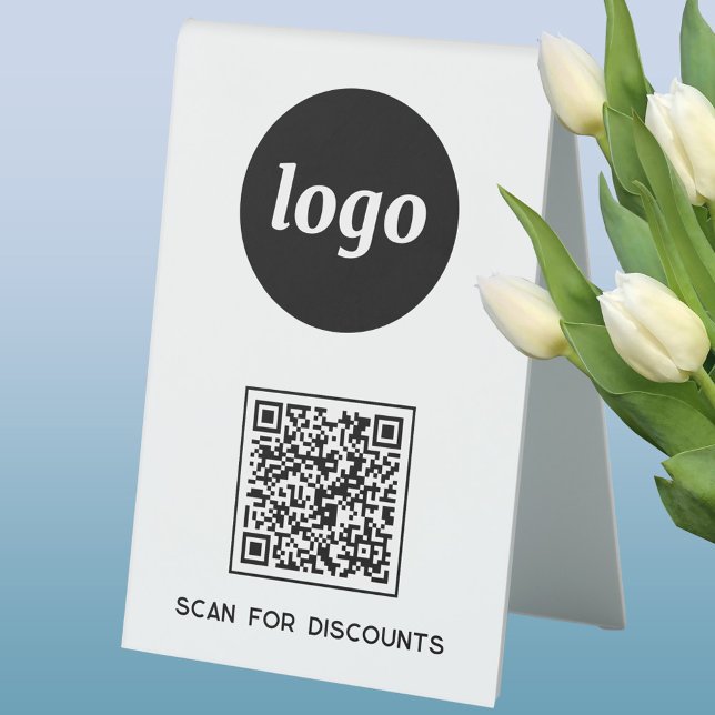 QR Code Logo Business Scan for Discounts (Simple logo with custom text business branding promotional QR code table tent sign)