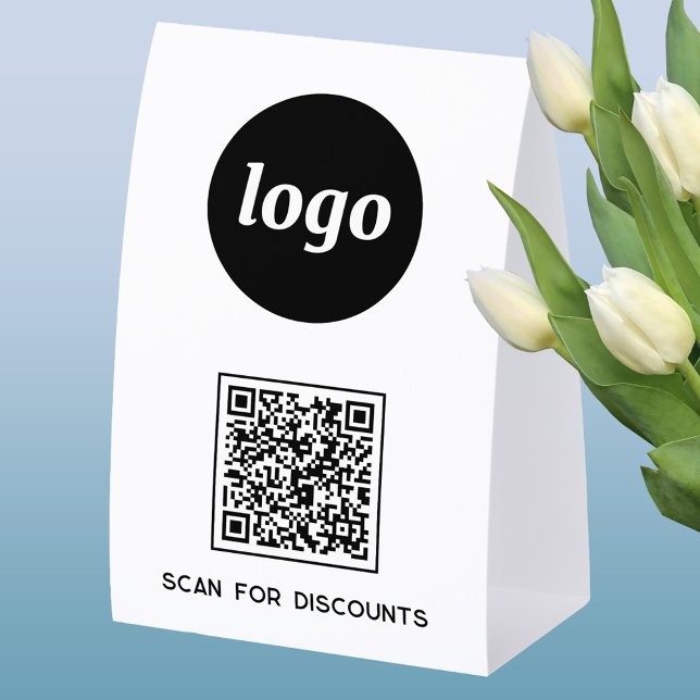 QR Code Logo Business Scan for Discounts (Simple logo with custom text business branding promotional QR code table tent sign)