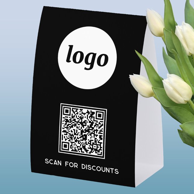 QR Code Logo Business Scan for Discounts Black (Simple logo with custom text business branding promotional QR code table tent sign)