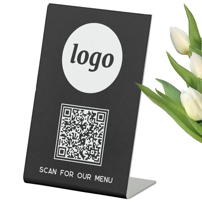 QR Code Logo Business Scan for Menu Black Pedestal Sign (Logo with QR code and custom text Scan for Menu business pedestal sign for restaurant bar cafe)