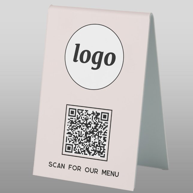 QR Code Logo Business Scan for Menu Blush Pink (Logo QR code custom text business promotional table tent sign)