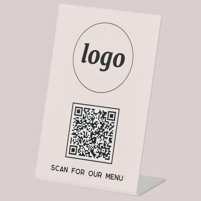 QR Code Logo Business Scan for Menu Blush Pink Pedestal Sign (Blush pink logo with QR code scan for menu pedestal sign for client or customer facing business)