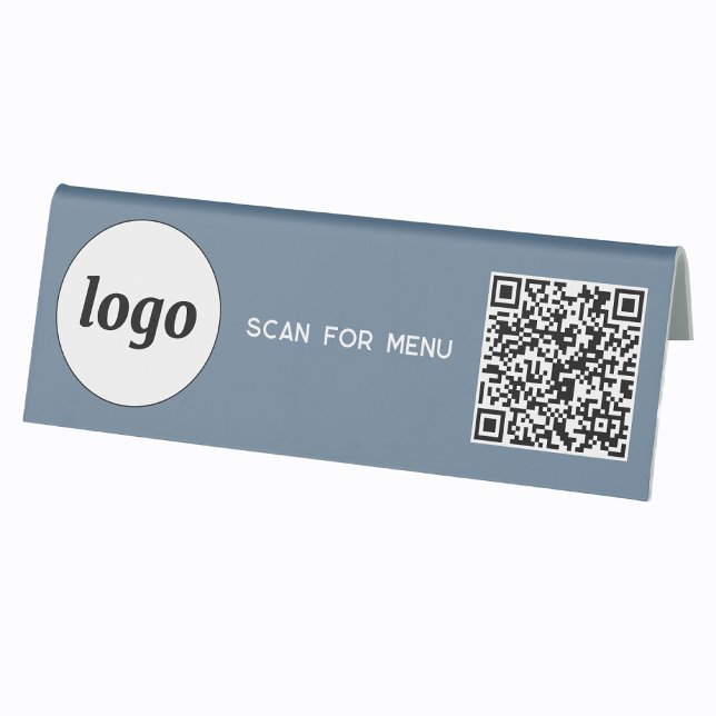 QR Code Logo Business Scan for Menu Dusty Blue (Logo QR code scan for menu table tent sign business cafe restaurant shop store signage and more)
