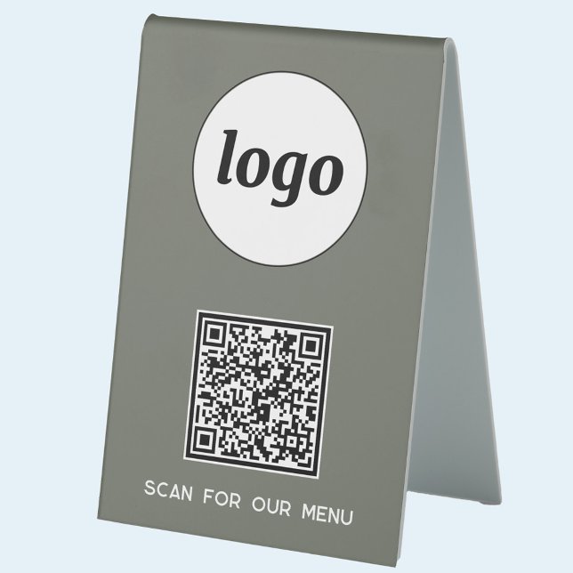 QR Code Logo Business Scan for Menu Sage Green (Logo QR code and custom text business promotional scan for menu table top sign)