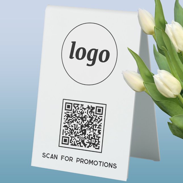 QR Code Logo Business Scan for Promotions (Simple logo with custom text business branding promotional QR code table tent sign)