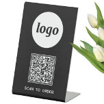 QR Code Logo Business Scan to Order Black Pedestal Sign<br><div class="desc">Easily add your own logo, QR code menu destination website URL and choice of text to this design. Remove the text if you prefer. Minimalist and professional to promote your brand. Change the background colour to match your branding. Perfect for a restaurant, bar bistro, cafe, or any small business offering...</div>