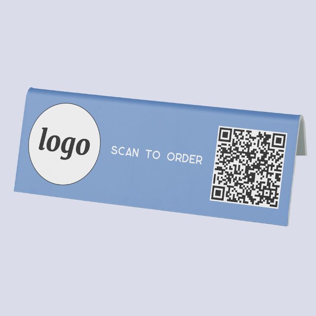 QR Code Logo Business Scan to Order Blue (Logo QR code Scan to Order table tent sign for cafe bar restaurant shop store stall business)