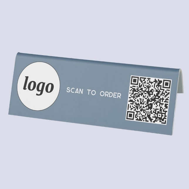 QR Code Logo Business Scan to Order Dusty Blue (Logo QR code Scan to Order table tent sign for cafe bar restaurant shop store stall business)