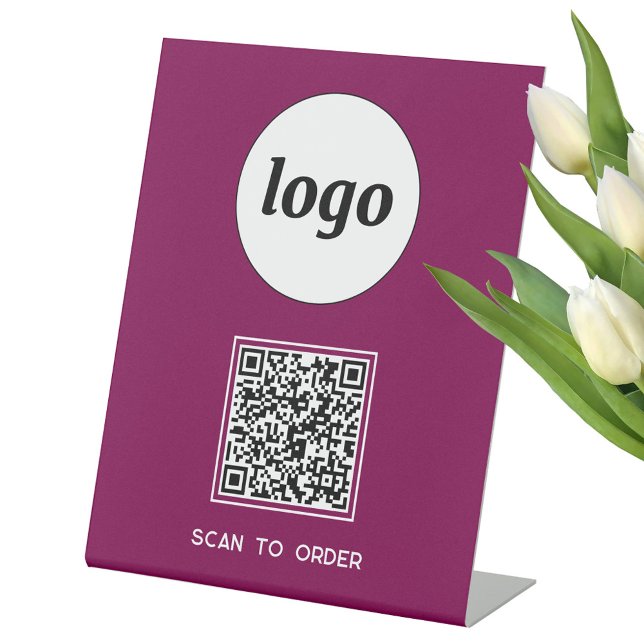 QR Code Logo Business Scan to Order Magenta Pink Pedestal Sign (Simple logo with custom text and QR code business branding promotional scan to order pedestal sign)