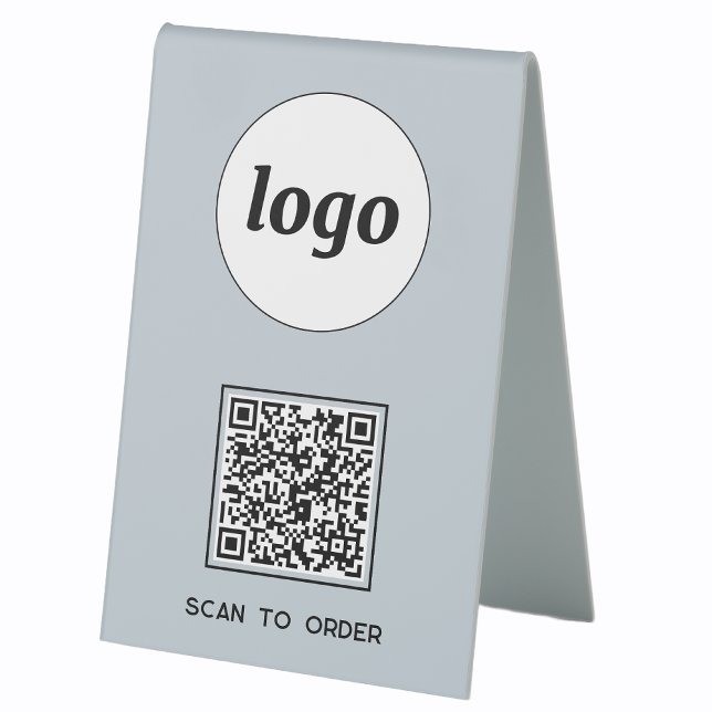 QR Code Logo Business Scan to Order Powder Blue (Logo QR code Scan to Order table tent sign for cafe bar restaurant shop store stall business)
