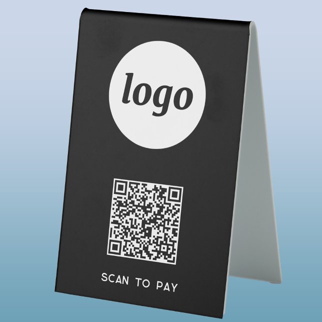QR Code Logo Business Scan to Pay (Simple logo with QR code and custom text white on black scan to pay table tent sign for business)