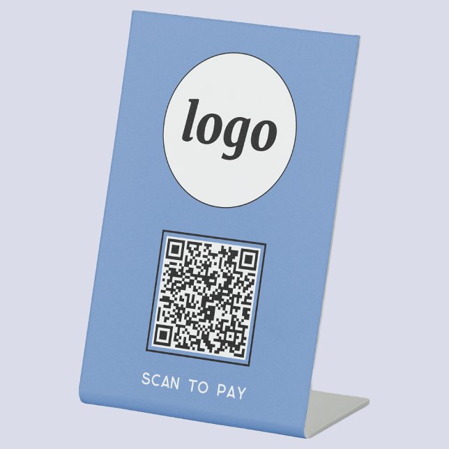 QR Code Logo Business Scan to Pay Blue Pedestal Sign (Logo QR code Scan to Pay table tent sign for cafe bar restaurant shop store stall business)
