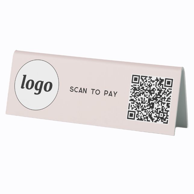 QR Code Logo Business Scan to Pay Blush Pink (Logo with QR code scan to pay business table tent sign for cafe restaurant shop store and more)