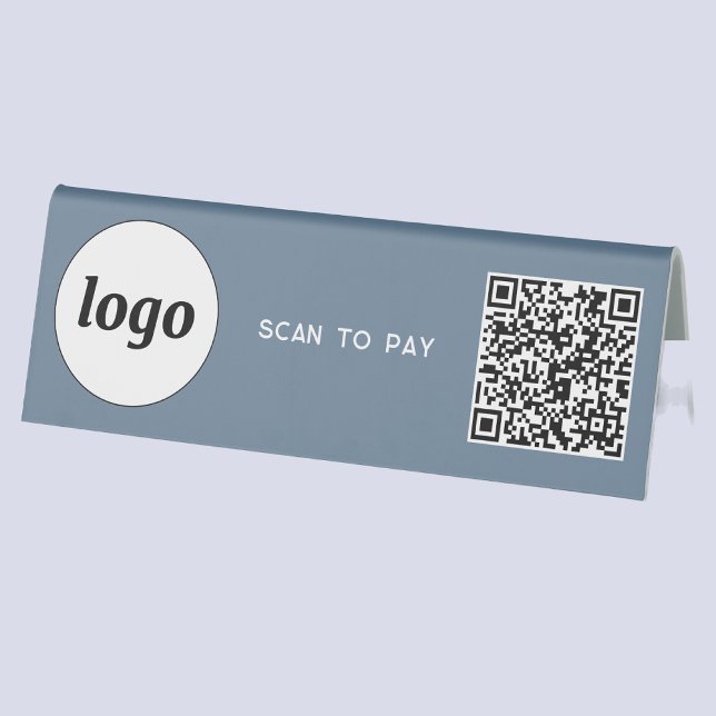 QR Code Logo Business Scan to Pay Dusty Blue (Logo QR code scan to pay Dusty blue table tent sign for cafe restaurant shop store)