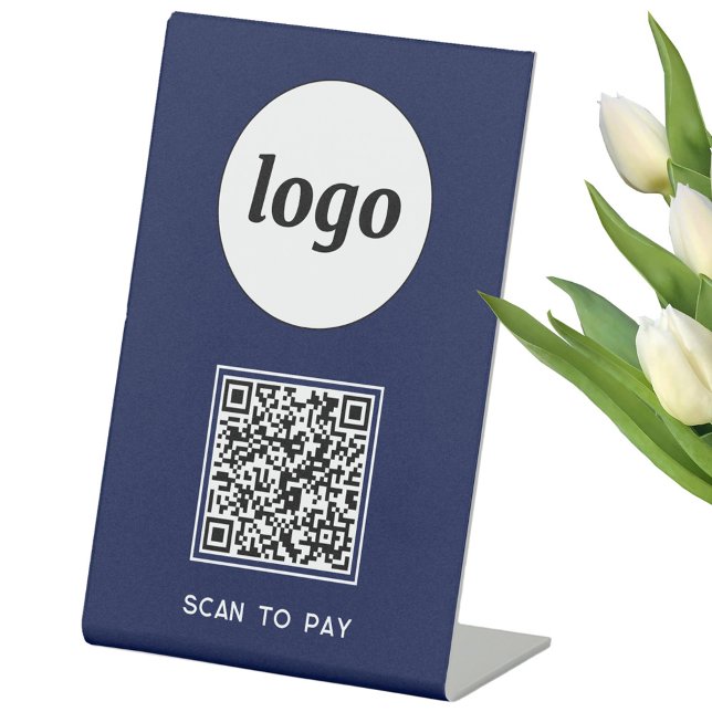 QR Code Logo Business Scan to Pay Navy Blue Pedestal Sign (Simple logo QR code with custom text business branding promotional scan to pay table pedestal sign)