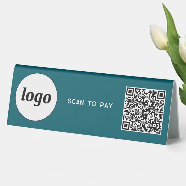 QR Code Logo Business Scan to Pay Teal Green (Simple logo QR code with custom text scan to pay business branding promotional table tent sign)