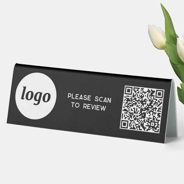 QR Code Logo Business Scan to Review Black (Simple logo with QR code and custom text business branding promotional Scan to Review table tent)