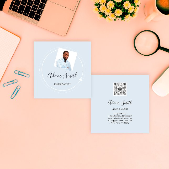 QR Code Logo Custom Custom Photo Makeup Blue Square Business Card (QR Code Logo Custom Custom Photo Makeup Blue Square Business Card)