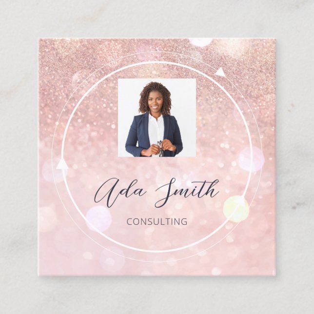 QR Code Logo Custom Custom Photo Rose Glitter  Square Business Card (Front)