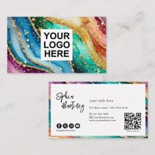 QR Code & Logo Elegant Rainbow Agate gold Glitter  Business Card