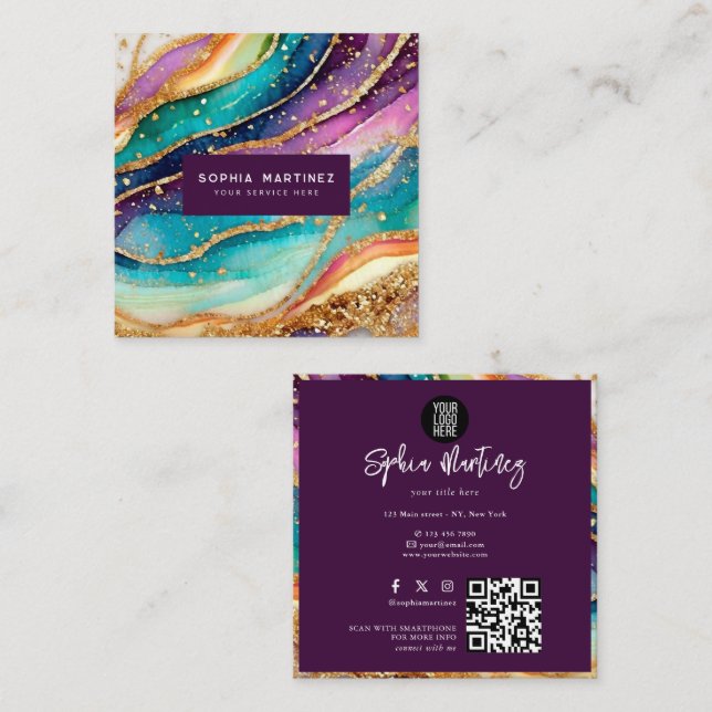 QR Code & Logo Elegant Rainbow Agate gold Glitter  Square Business Card (Front/Back)