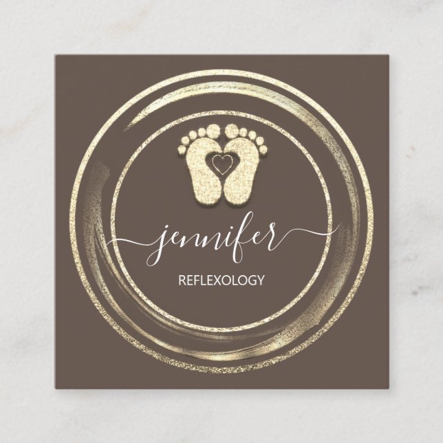 QR Code Logo Gold Brown Reflexology Foot Massage Square Business Card (Front)