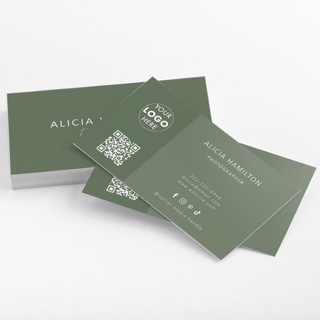 QR Code & Logo | Modern | Minimalist | Green Business Card (A sleek green minimalist business card design which features customisable QR Code & logo.)
